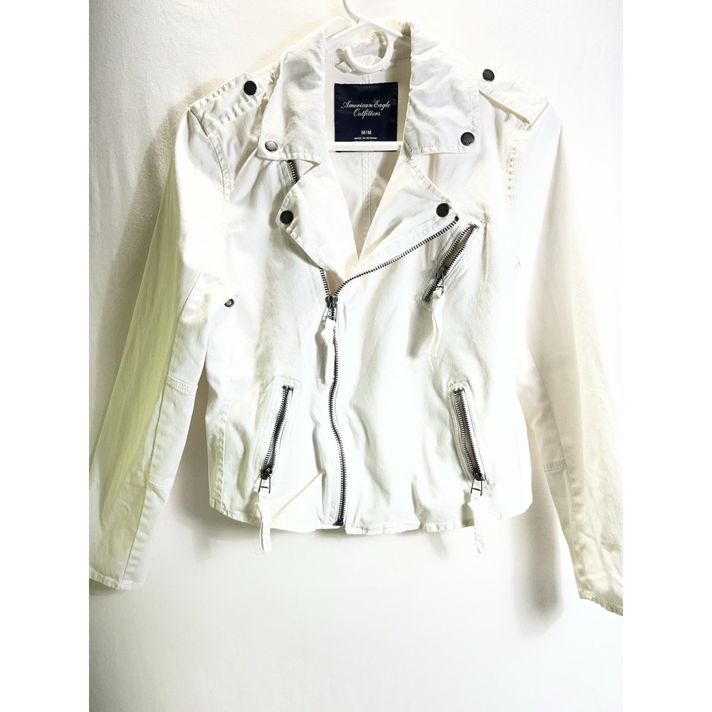American Eagle Outfitter Medium white denim zip up Moto jacket  Asymmetrical
